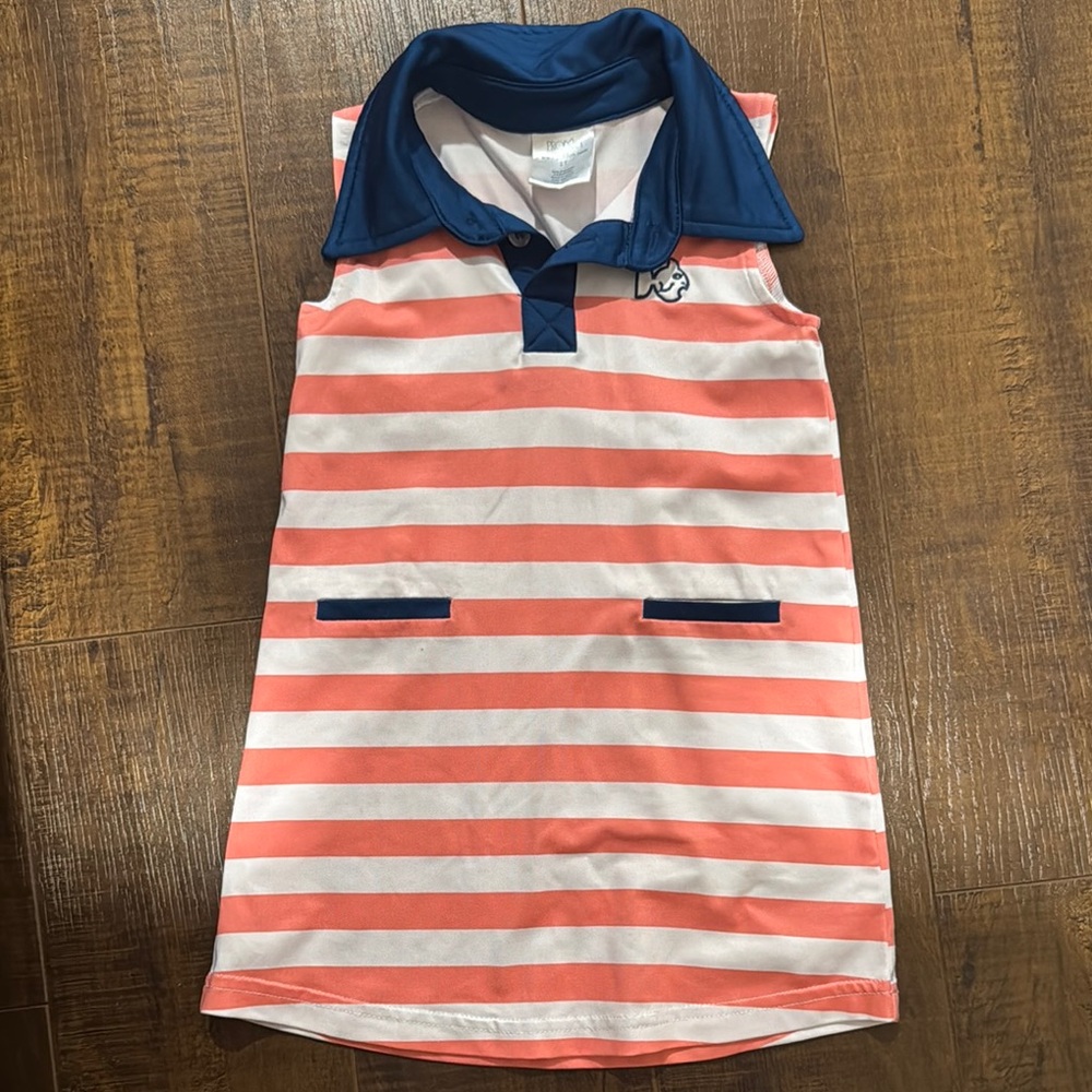 Coral and White Striped Dress with Navy Accents